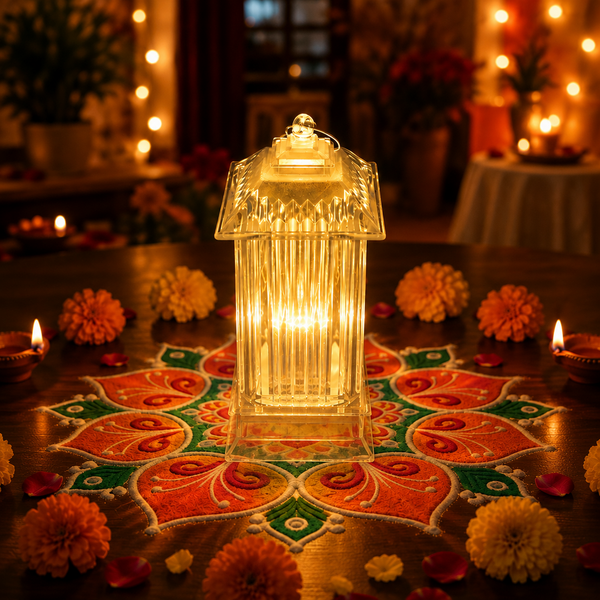 A glowing LED crystal lantern lamp sits on a colorful rangoli surrounded by marigold flowers and small oil lamps.