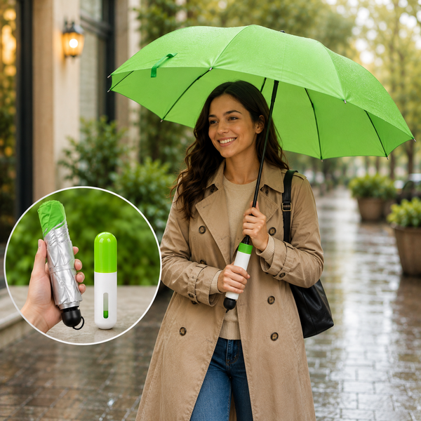 A woman holds an open green umbrella on a rainy street, with a folded umbrella and capsule case in an inset.
