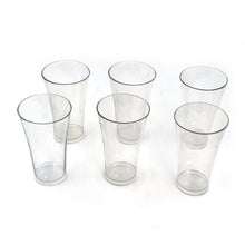 Transparent plastic drinking glasses filled with refreshing beverages.