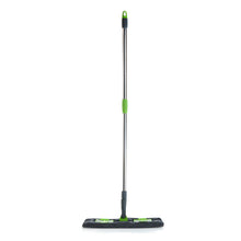 Ergonomic view of the flat mop with microfiber pad, suitable for various hard floor surfaces.