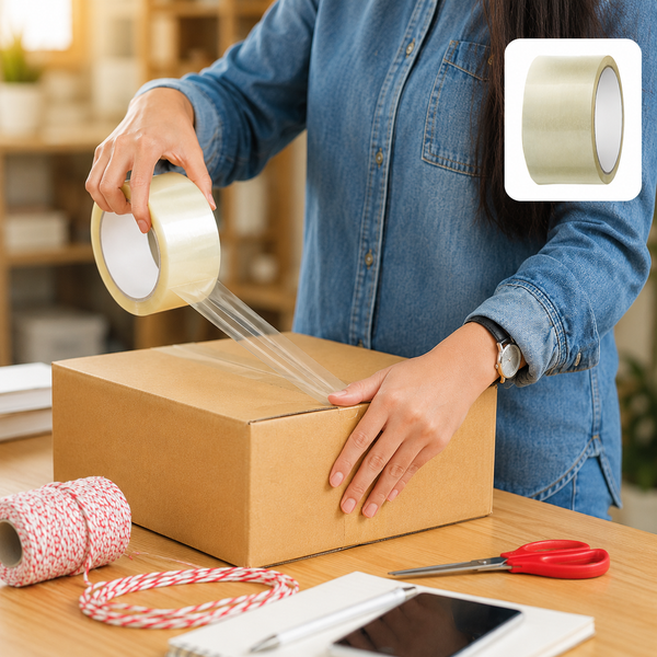 A person in a denim shirt sealing a brown cardboard box with a roll of transparent packing tape.