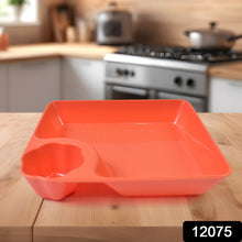 Durable plastic snack plate with divided sections and sauce compartment