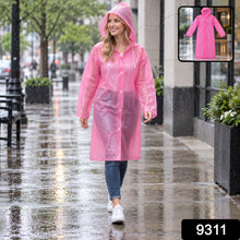 A woman in a pink translucent rain coat walks on a wet city sidewalk, with an inset of the coat alone.