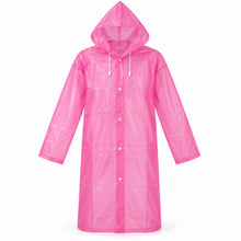 A pink translucent rain coat with a hood and white snap buttons is displayed flat against a white background.