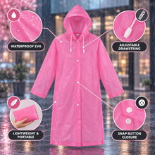 A pink translucent rain coat with a hood and white snap buttons is highlighted with features like waterproof EVA, adjustable
