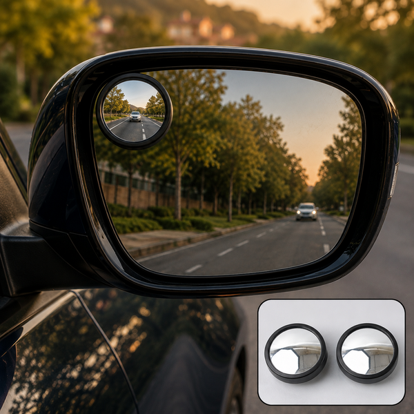 A car's side mirror with a small, round blind spot mirror attached, showing a road scene.