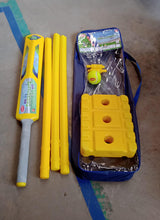 Sturdy and durable plastic cricket stumps with a stable base, ready for play.