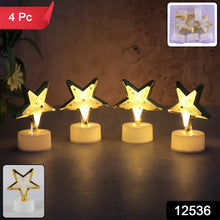 Four star-shaped LED lights on a gray surface, with a small inset showing the product packaging.