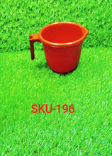 Stack of colorful Bathora plastic bathroom mugs, demonstrating their compact design.