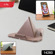Brown Pyramid mobile stand placed on desk holding smartphone