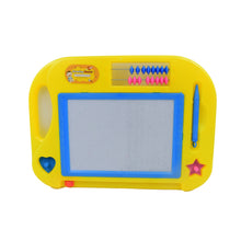 A magic sketch slate displayed with various child-friendly patterns and writings on its surface.