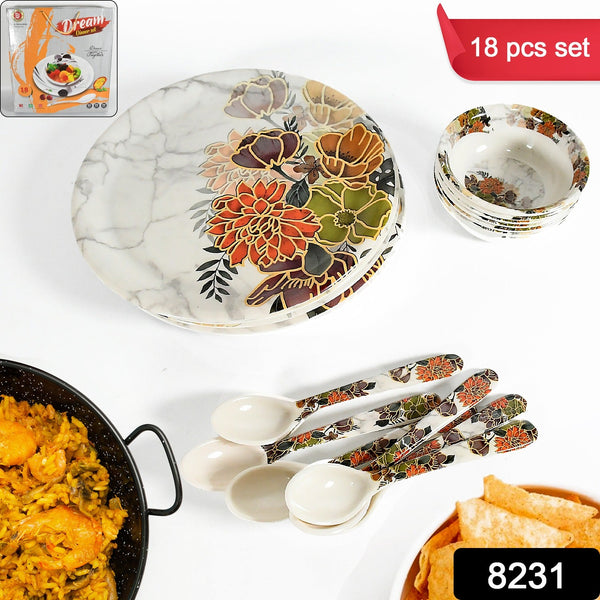 Dream 18-Piece Plastic Dinner Set – Unique Flower Design, 6 Plates, 6 Bowls & 6 Spoons, Microwave & Dishwasher Safe