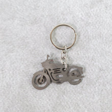 Motorcycle silhouette keychain featuring a reinforced link chain for extra durability.