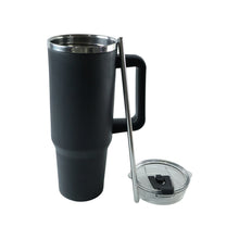 Black travel tumbler with ergonomic side handle