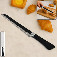 Premium serrated bread knife cutting fresh bread with ergonomic handle