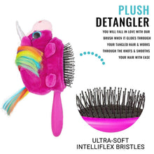 Back view of the adorable plush unicorn hair brush with its rainbow tail