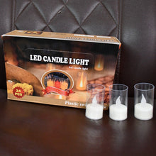 A brown box labeled 'LED CANDLE LIGHT' next to three unlit LED flameless candles in transparent covers.