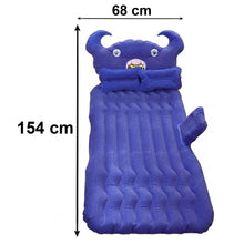 Blue inflatable car mattress partially inflated, ready for use