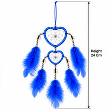 The blue heart-shaped dream catcher with a black arrow indicating its height of 24 cm on a white background.
