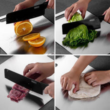 Four close-up panels showing hands cutting orange, lettuce, meat, and kneading dough on the stainless steel board.