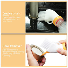 A two-panel image showing the brush cleaning a faucet crevice and a hand using the brush to open a sealing ring.