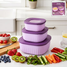 Three-piece food storage container set with leak-resistant lids on kitchen counter