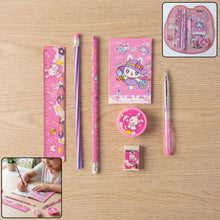 A pink 7-in-1 stationery set with bunny designs, including a ruler, pencils, notebook, sharpener, and eraser.