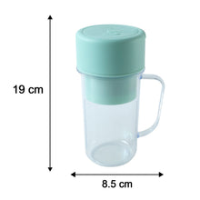 The clear blender bottle with mint green lid is shown with dimensions: 19 cm height and 8.5 cm width.