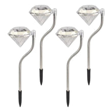 Four diamond-shaped solar lights with silver curved stems and black ground stakes are arranged on a white background.
