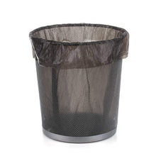 A black mesh trash can with a black garbage bag lining the inside, on a white background.