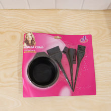 A pink and black packaged hair dyeing kit with a bowl and three brushes, labeled 