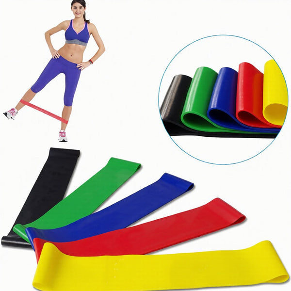 Set of elastic resistance exercise bands in various resistance levels for full body workouts