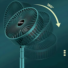 A dark green telescopic foldable mini USB desk fan demonstrating its 180-degree adjustable head with an arrow graphic.