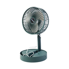 A dark green telescopic foldable mini USB desk fan with a white USB cable, isolated on a white background.