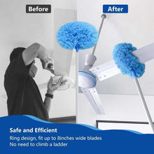 A split image shows a person cleaning a ceiling fan with the duster before and after use, emphasizing its ring design.