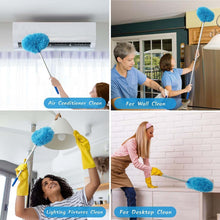 Four panels show people using the blue duster to clean an air conditioner, wall, lighting fixture, and desktop.