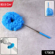 A blue microfiber duster with an extendable handle is displayed against a gray background with size and packaging details.
