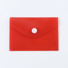 A closed red plastic document folder envelope with a white snap button closure is centered on a plain white background.