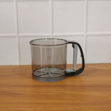 Kitchen baking gadget plastic flour sieve cup in use