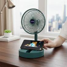 Side view of USB adjustable speed folding fan with phone holder