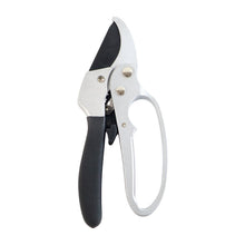 Silver and black pruning shears with an ergonomic handle and black blade on a white background.