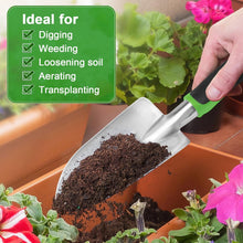 Close-up of polished steel blade on ergonomic gardening trowel
