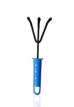 A single mini three-pronged rake with a black metal head and a blue plastic handle is centered on a white background.