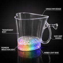 A clear heart-shaped mug with a rainbow induction light base, labeled with its features: transparent body, unique rim,