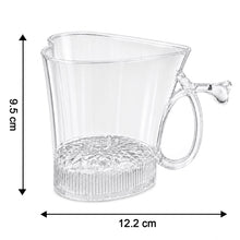 A clear, heart-shaped mug with dimensions indicated: 9.5 cm height and 12.2 cm width, on a white background.
