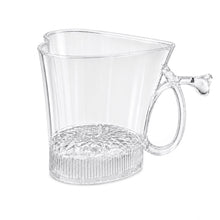 A clear, heart-shaped mug with a textured base and a small heart detail on the handle, on a white background.