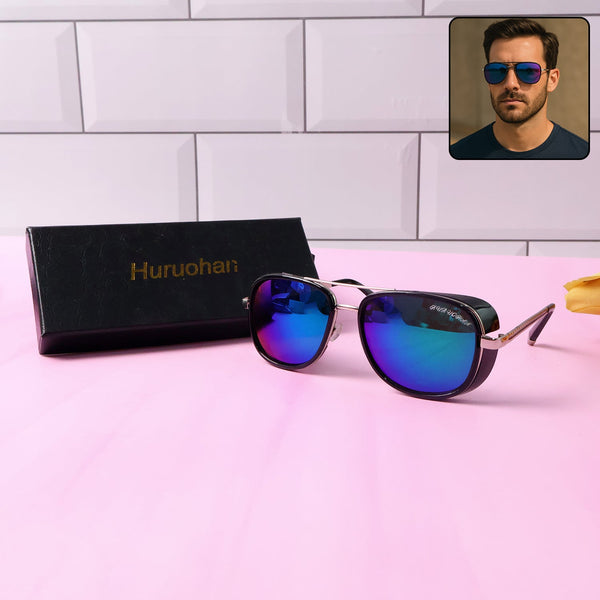 Front view of polarized aviator sunglasses with blue reflective lenses