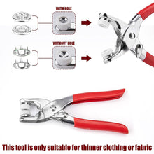 Snap button plier tool placed next to colorful assorted snap button studs