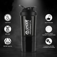 Angled view of gym protein shaker bottle with secure lid