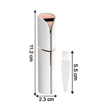 The white and rose gold facial hair remover with dimensions of 11.2 cm length and 2.3 cm width.